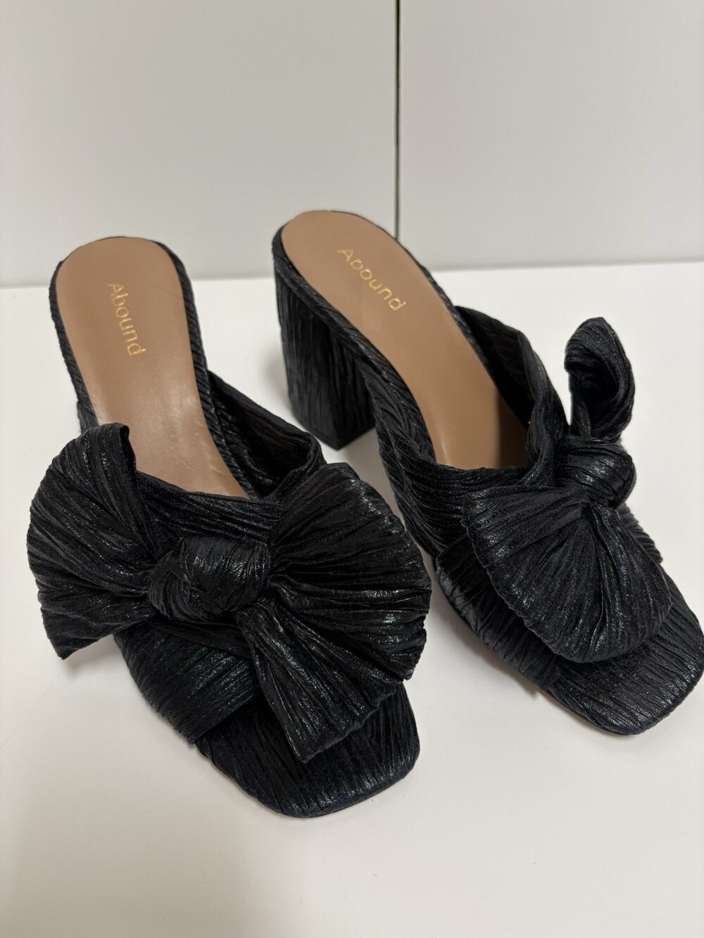 Abound Black Fabric Mule Heels Bow Pleated Block Square Toe Slip On 7.5
